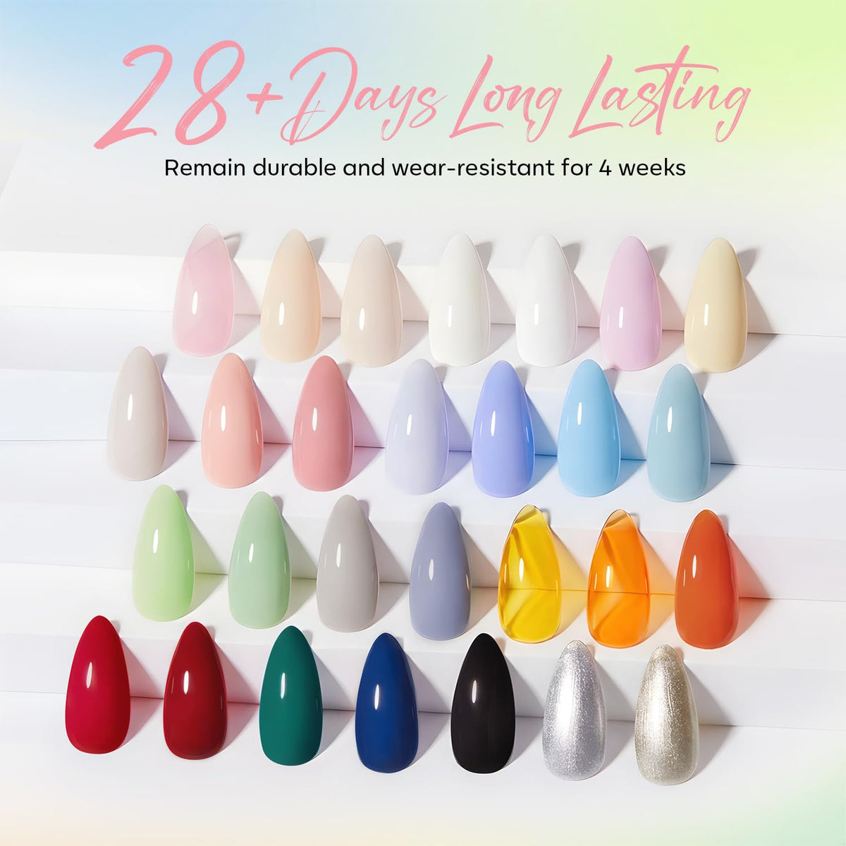 modelones color array overhead with 28 vibrant gel shades arranged for inspiration