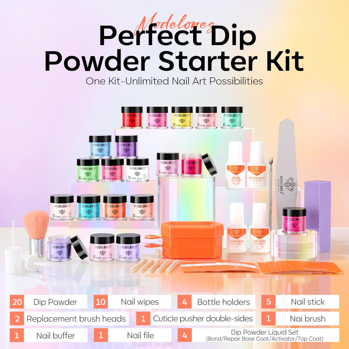 Modelones color range display of twenty jars highlighting vibrant seasonal shades