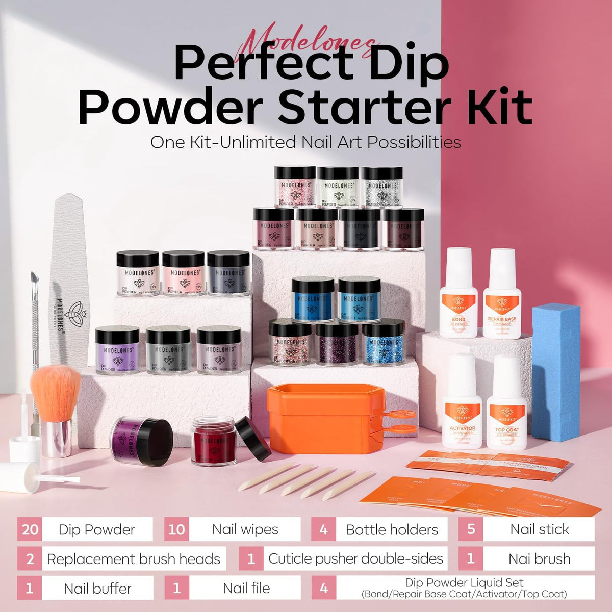 modelones color range layout with 20 jars highlighting variety and mixing options