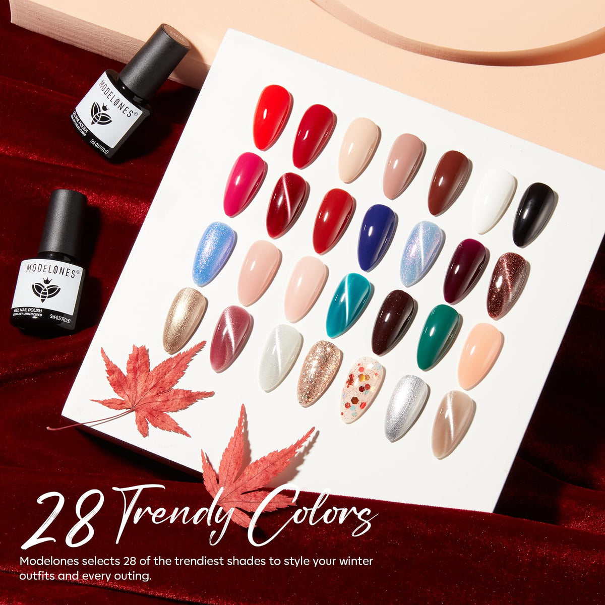 modelones finish swatches on nail tip showing glossy, matte, jelly and glitter effects