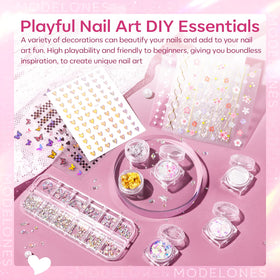 modelones finished rosy pink nails in lifestyle scene showcasing glossy results