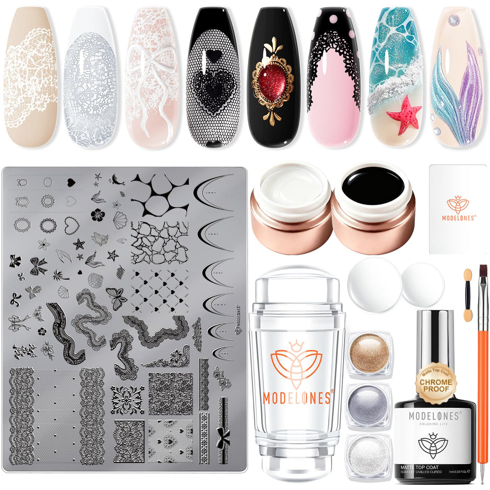 modelones front packaging showing full lace stamping kit and kit benefits