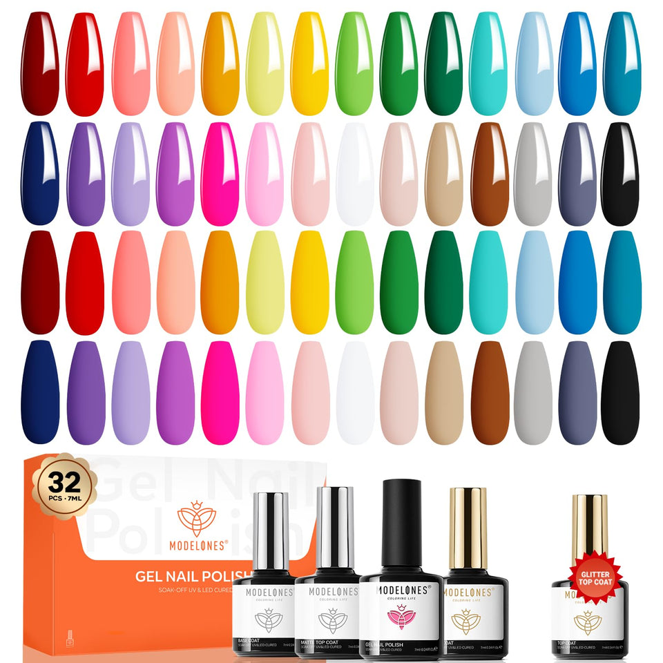 modelones front packaging showing 32-piece gel polish kit and colors for easy selection