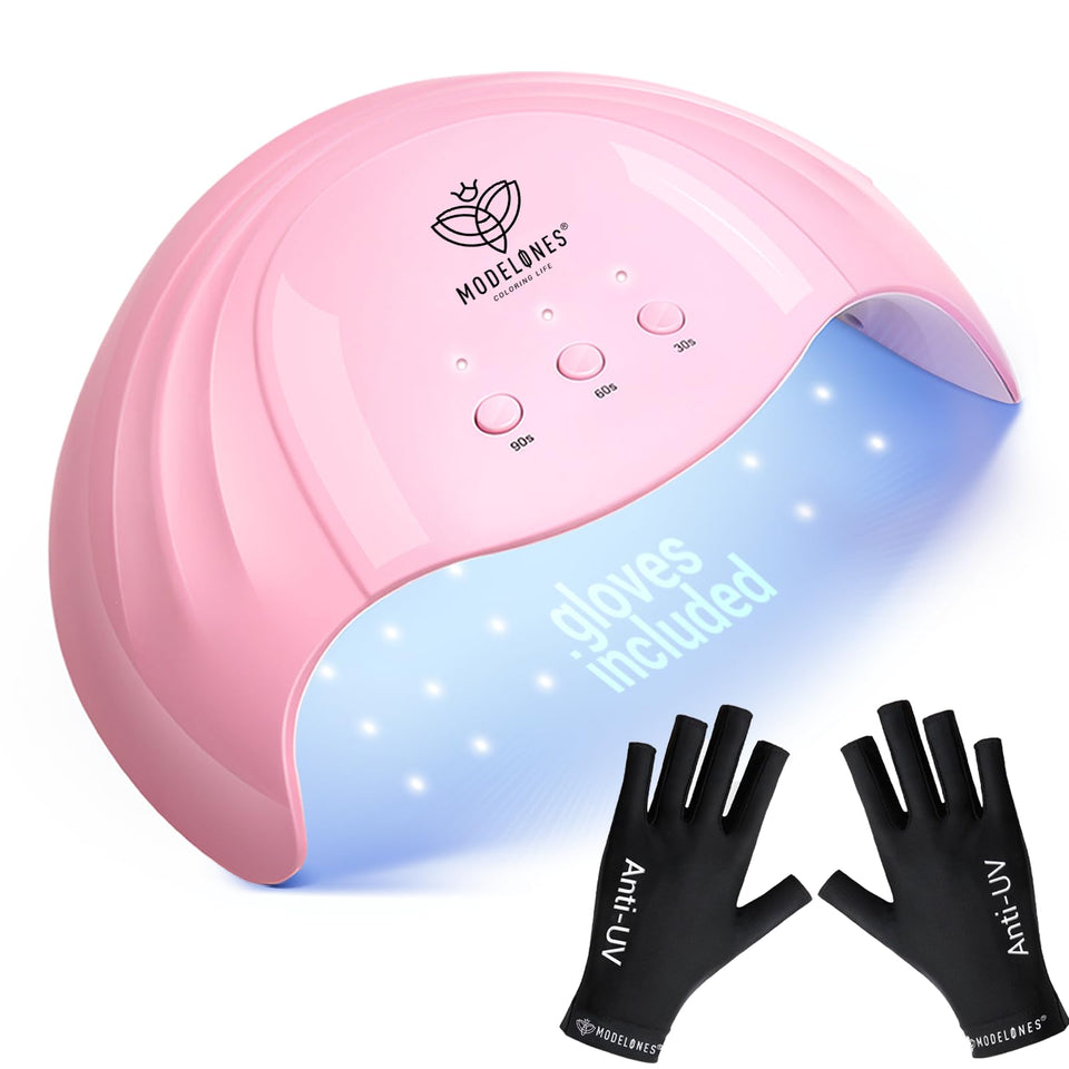 modelones front view of lamp and gloves showing complete manicure kit and convenience