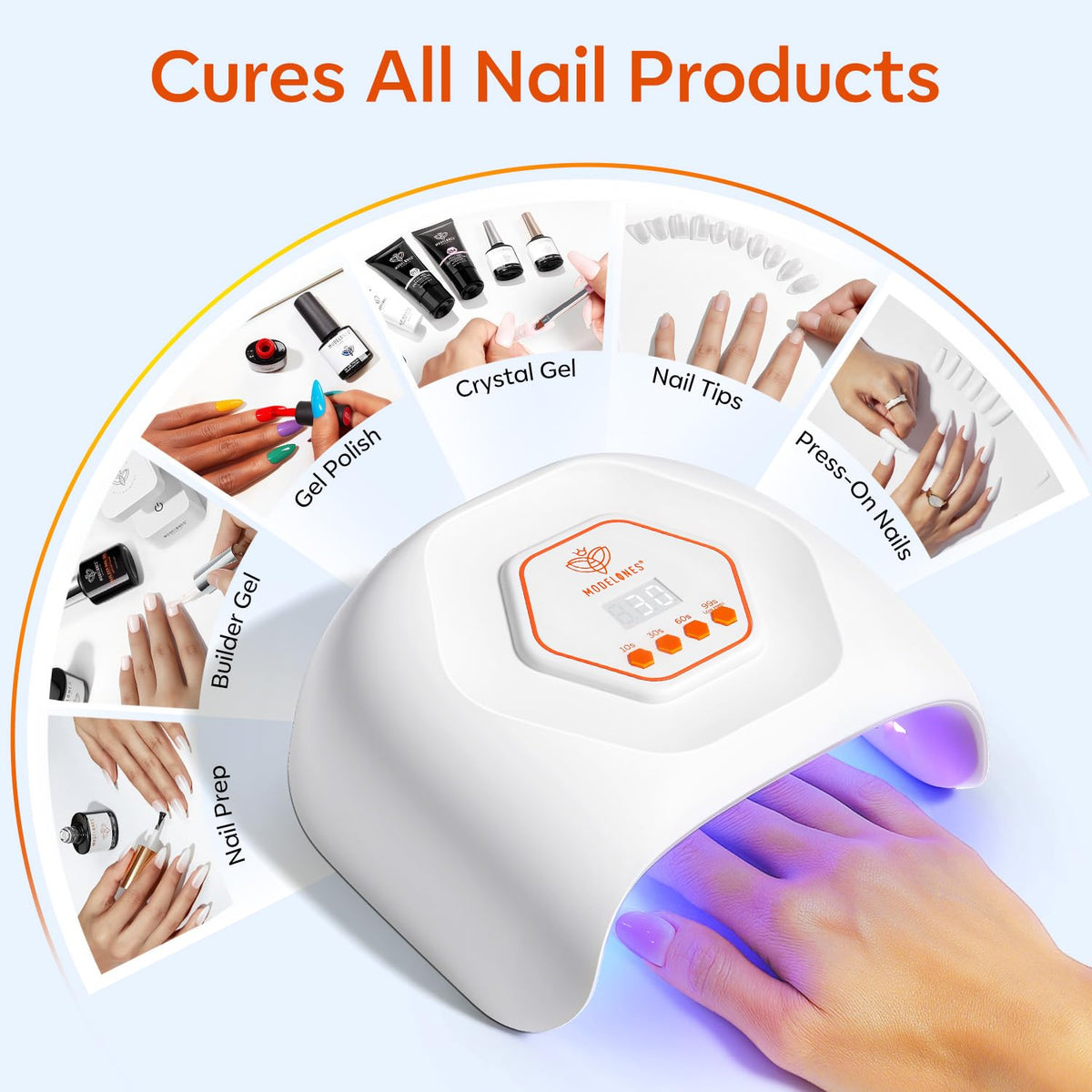 Modelones curing a hand inside lamp demonstrating quick gel-dry convenience