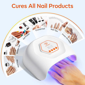 Modelones curing a hand inside lamp demonstrating quick gel-dry convenience