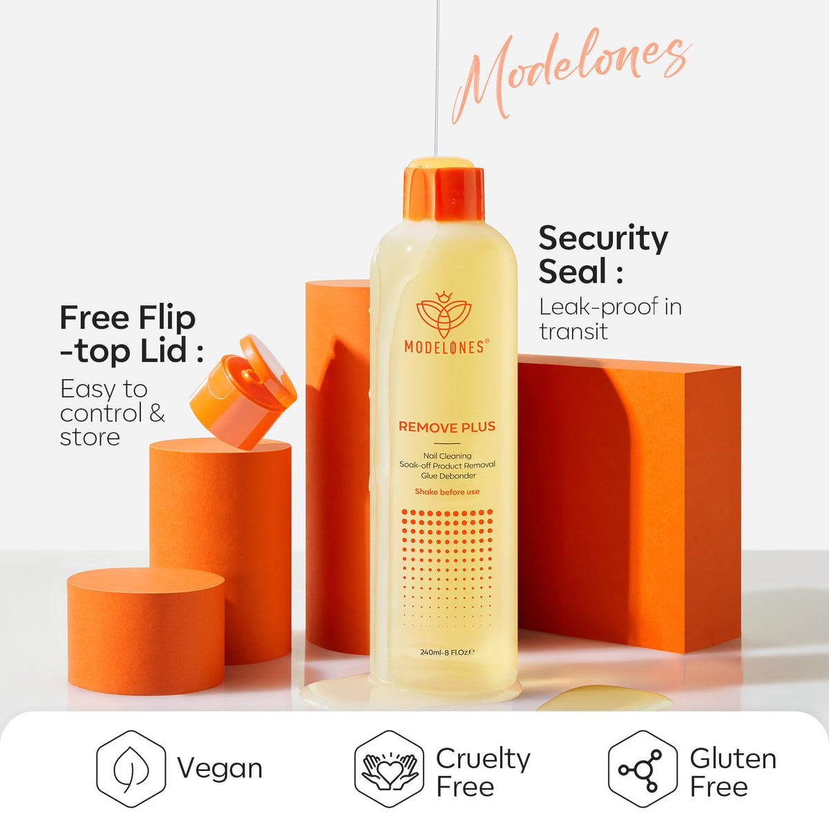 modelones product label and icons showing triple-action and oil benefits