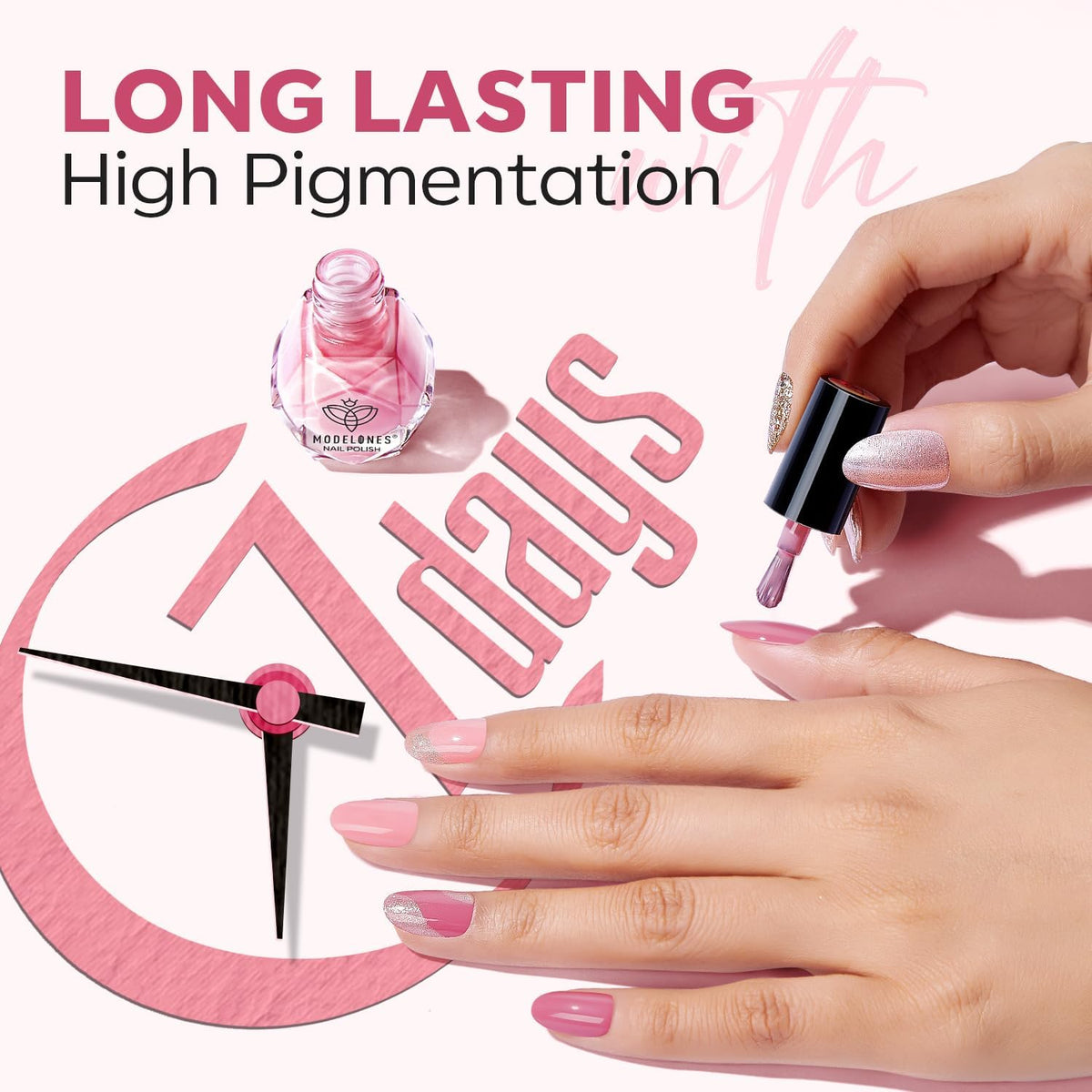 modelones shades laid out displaying nude, pink, white, and glitter options for versatile looks