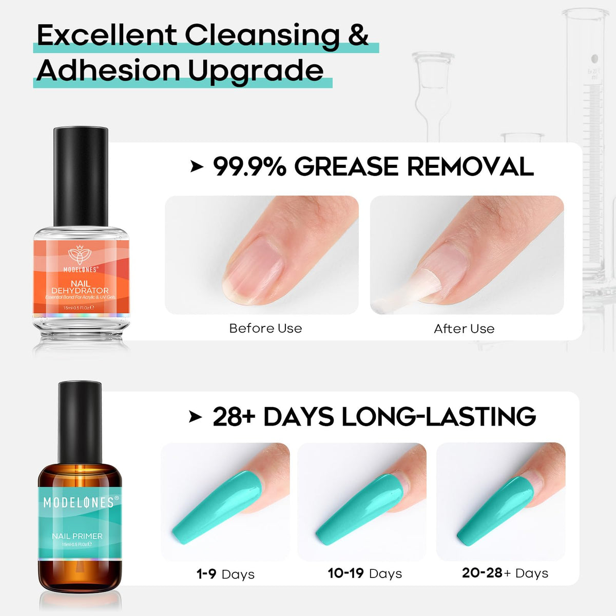 modelones dehydrator droplet on nail demonstrating oil-removal benefit