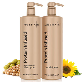 MOEHAIR front packaging showing full-size 32 fl oz bottles and benefits