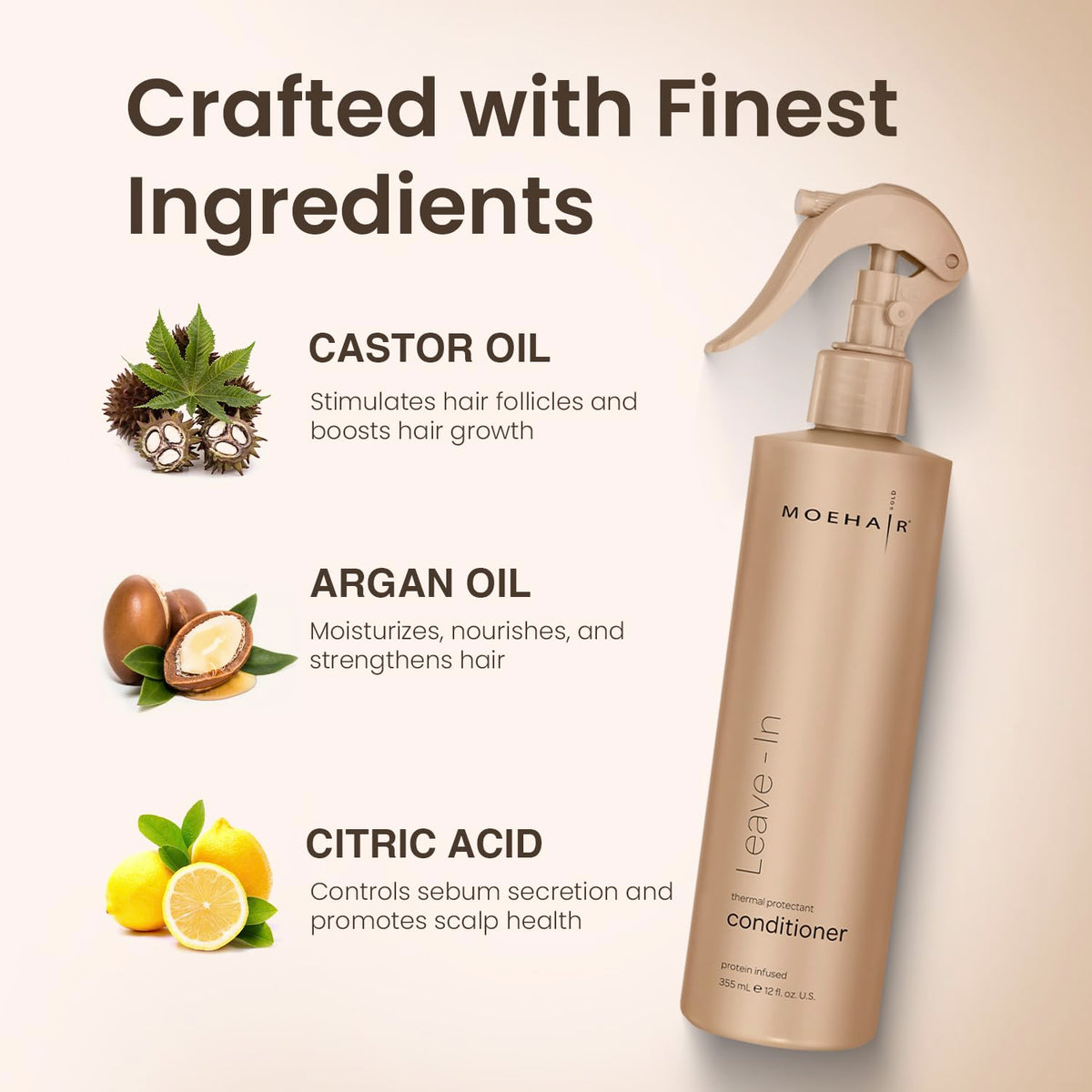 MOEHAIR spray nozzle close-up demonstrating easy even mist application benefit