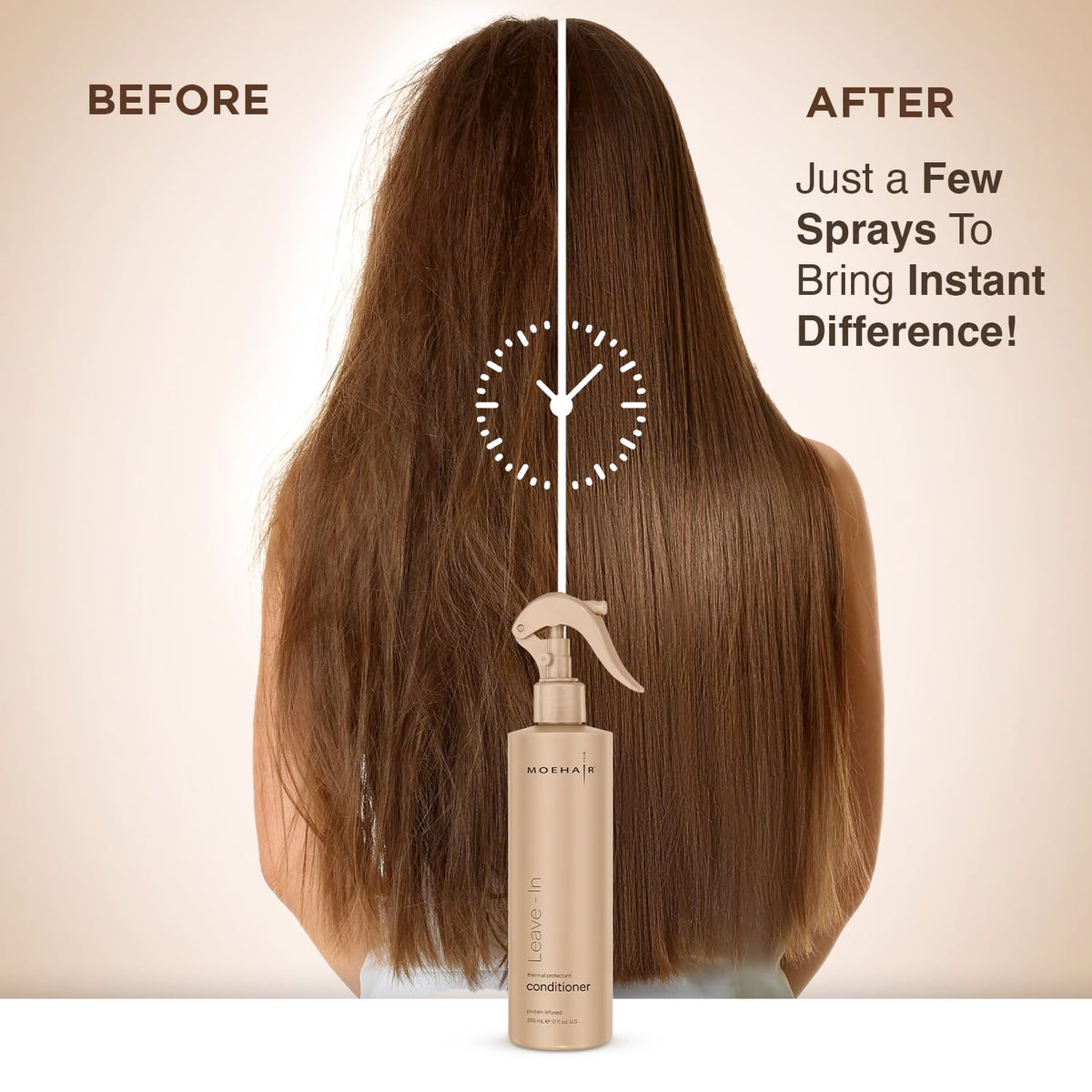 MOEHAIR being sprayed on damp hair to show detangling and quick styling benefit