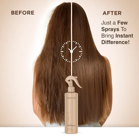 MOEHAIR being sprayed on damp hair to show detangling and quick styling benefit