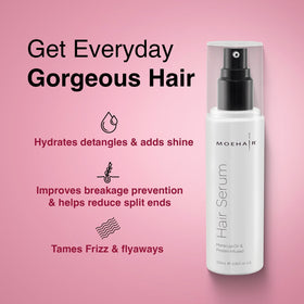 MOEHAIR serum texture on skin displaying lightweight absorption and shine boost