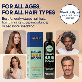 Moerie shampoo being massaged into wet hair for improved scalp feel