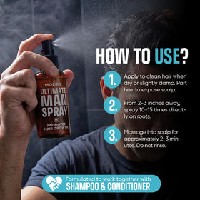 Moerie being applied to a male scalp to show simple spray-and-massage routine benefit