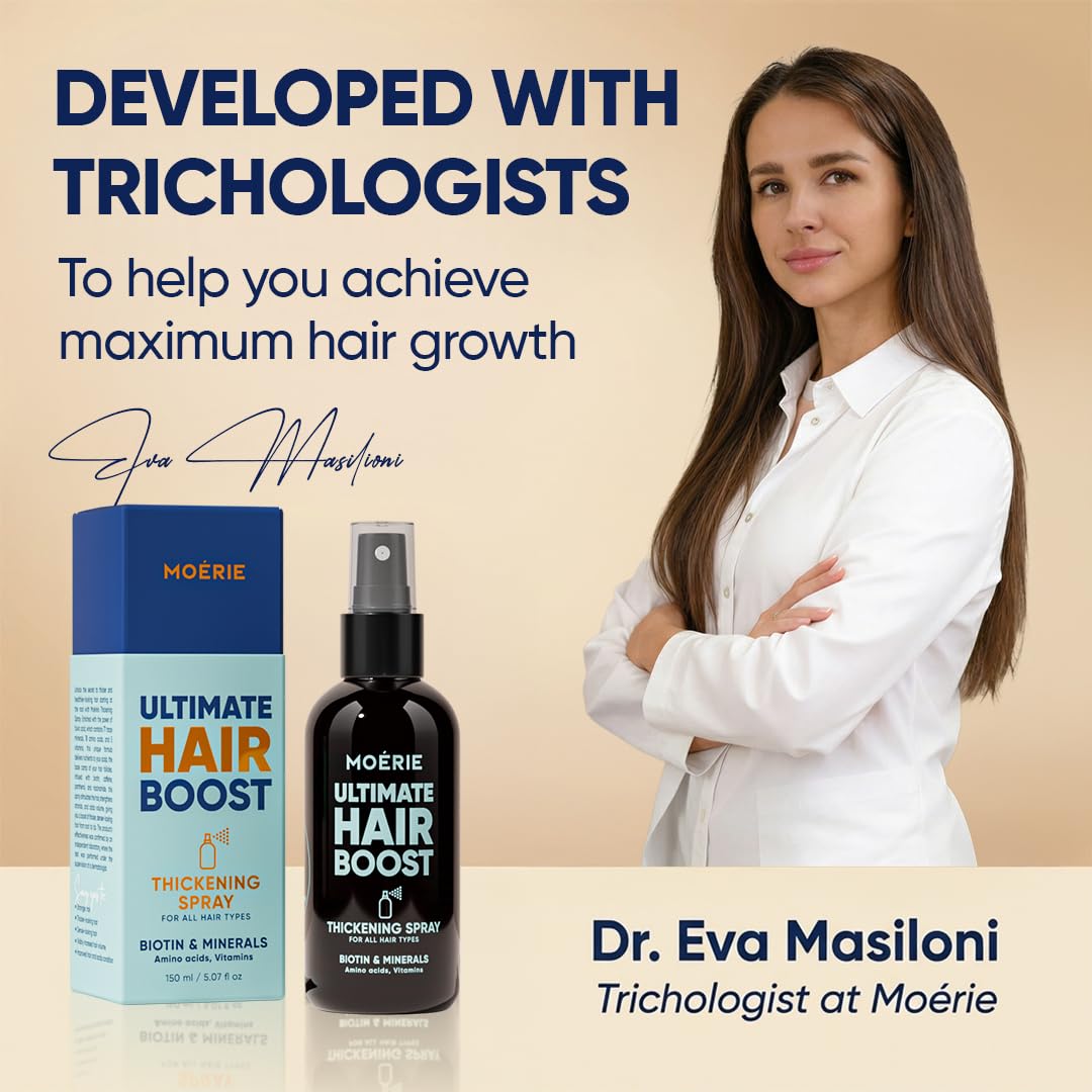 Moerie before and after comparison displaying improved volume and visible thickening