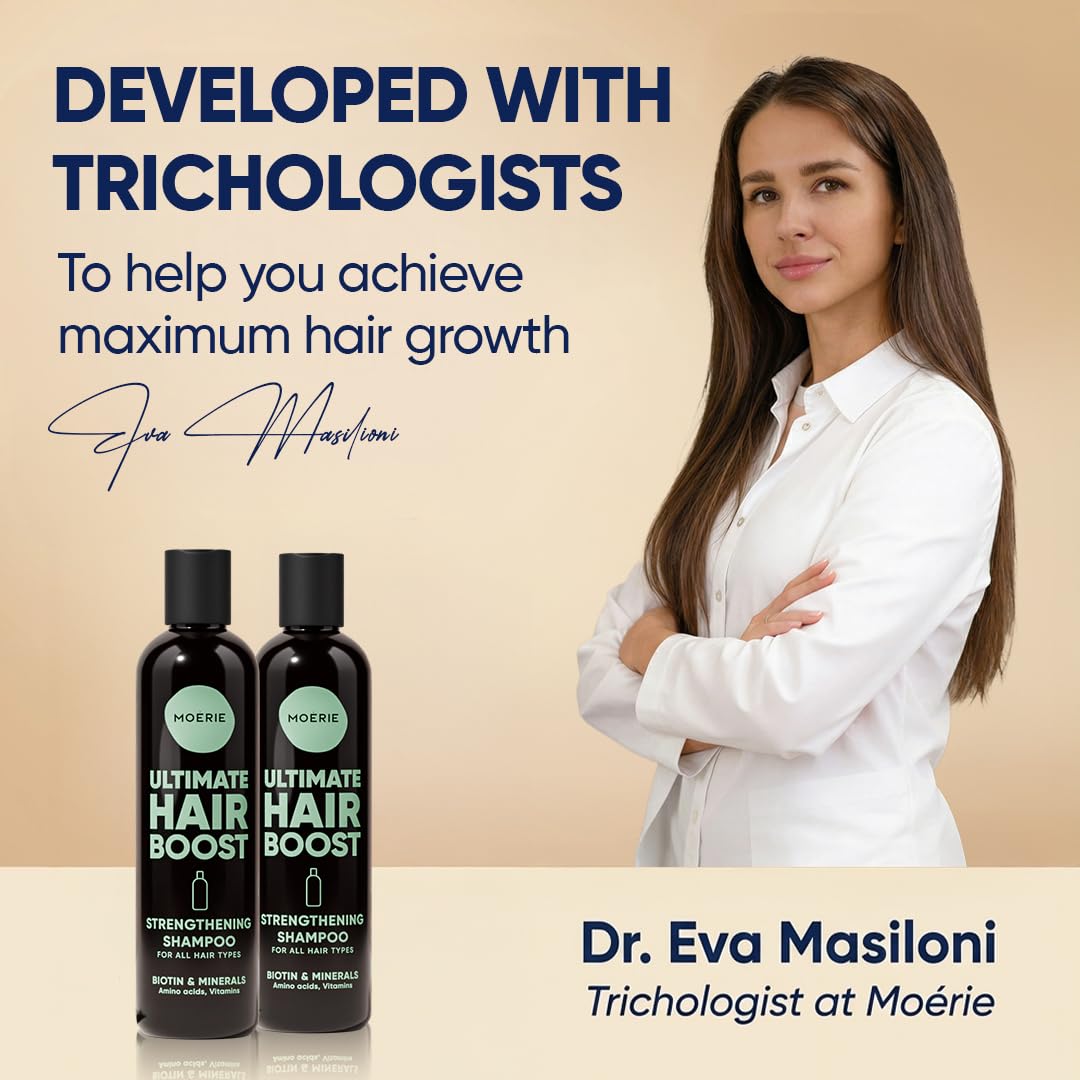 Moerie before and after comparison illustrating improved hair thickness