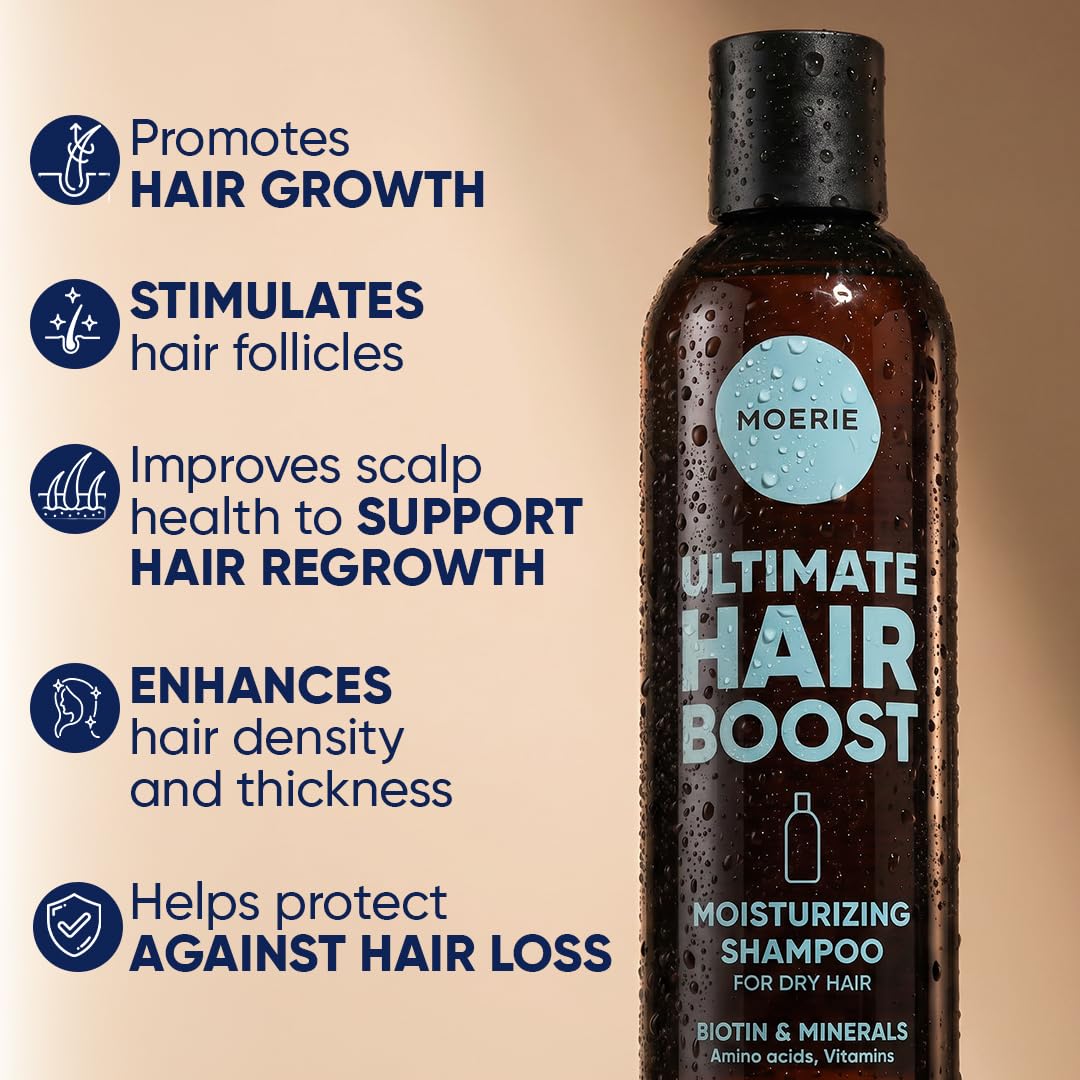 Moerie bottle close-up label highlighting biotin and natural ingredients