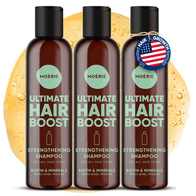 Moerie front bottle showing label and benefits for thicker-looking hair