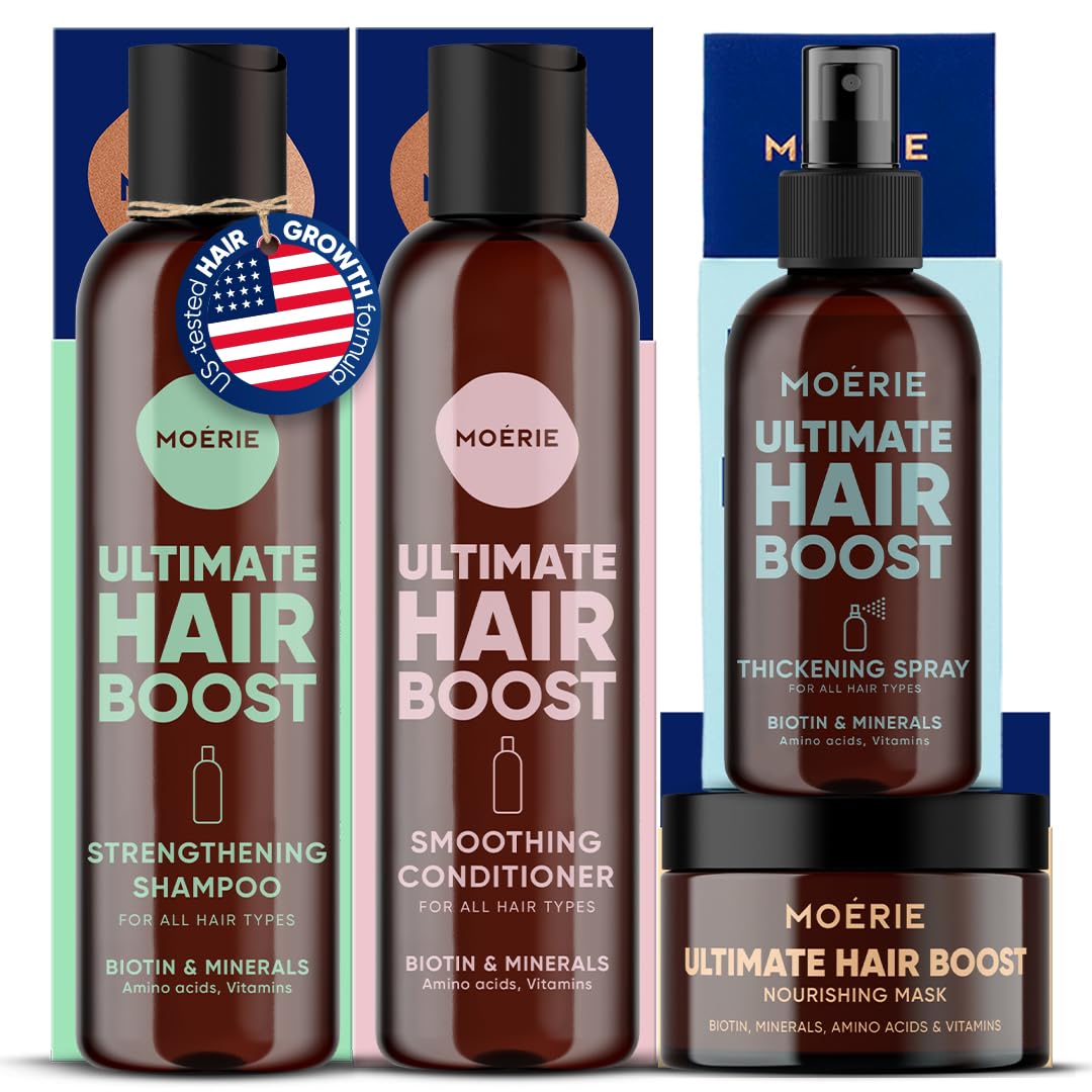 Moérie front packaging of the 4‑piece hair growth set showing complete kit benefits