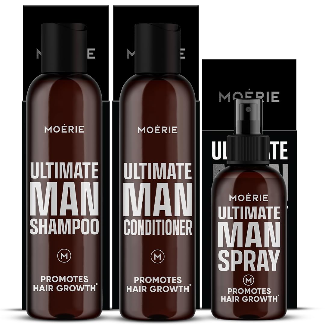 Moerie front packaging of the shampoo conditioner and spray showing full set benefits