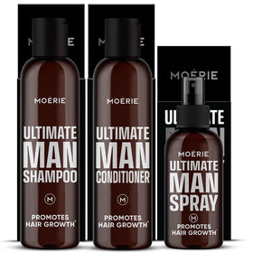 Moerie front packaging of the shampoo conditioner and spray showing full set benefits