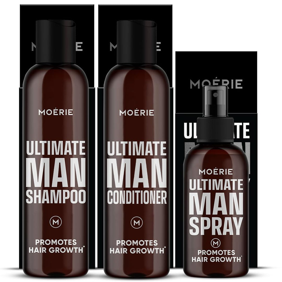 Moerie front packaging of the shampoo conditioner and spray showing full set benefits