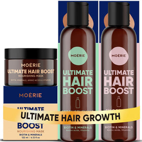 Moerie front packaging showing shampoo, conditioner and mask set benefits