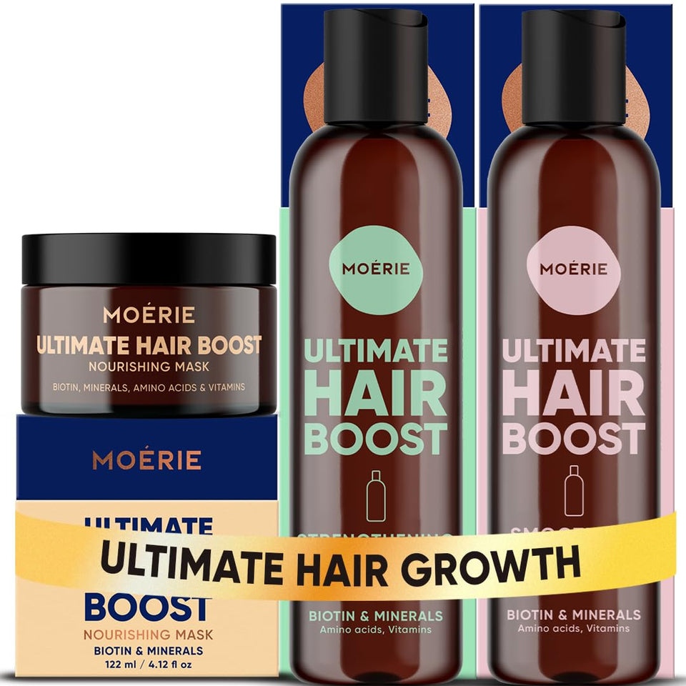 Moerie front packaging showing shampoo, conditioner and mask set benefits
