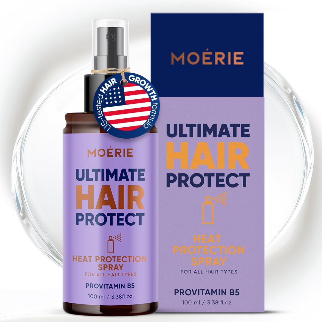 Moerie front packaging showing heat protectant spray for easy identification and benefits