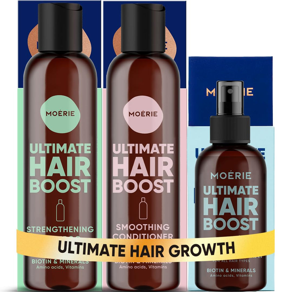 Moerie front packaging trio showing complete regimen and benefits