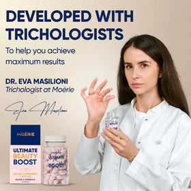 Moerie capsule in hand before taking with water, conveys convenient routine
