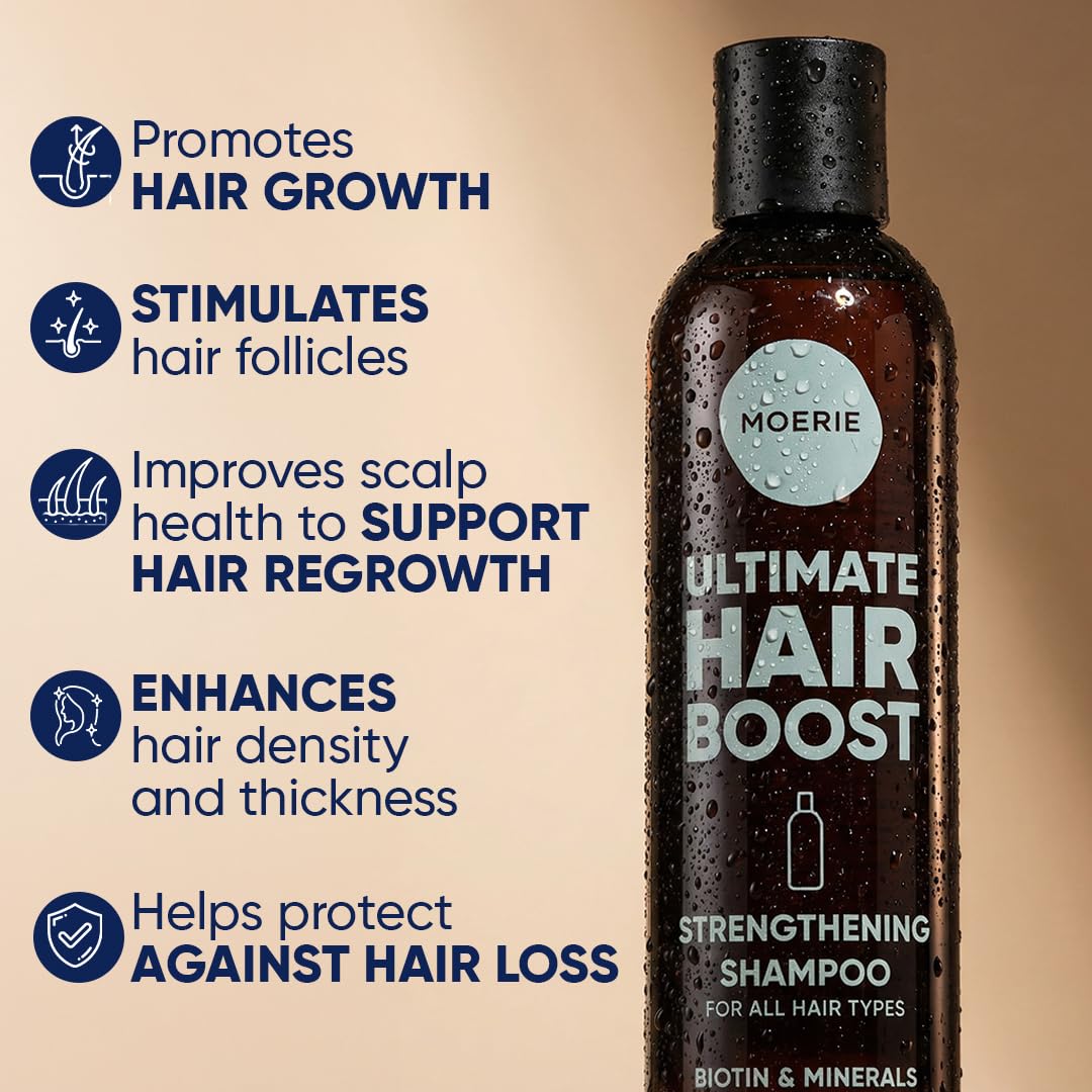Moerie label closeup highlighting biotin, rosemary and nutrient list benefits