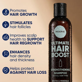 Moerie label closeup highlighting biotin, rosemary and nutrient list benefits