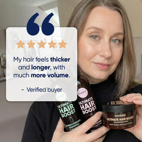 Moerie products styled on bathroom vanity conveying clean ingredient benefits