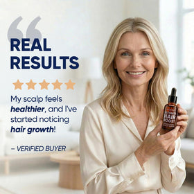 Woman styling hair after using Moerie showing fuller-looking hair and confidence benefit