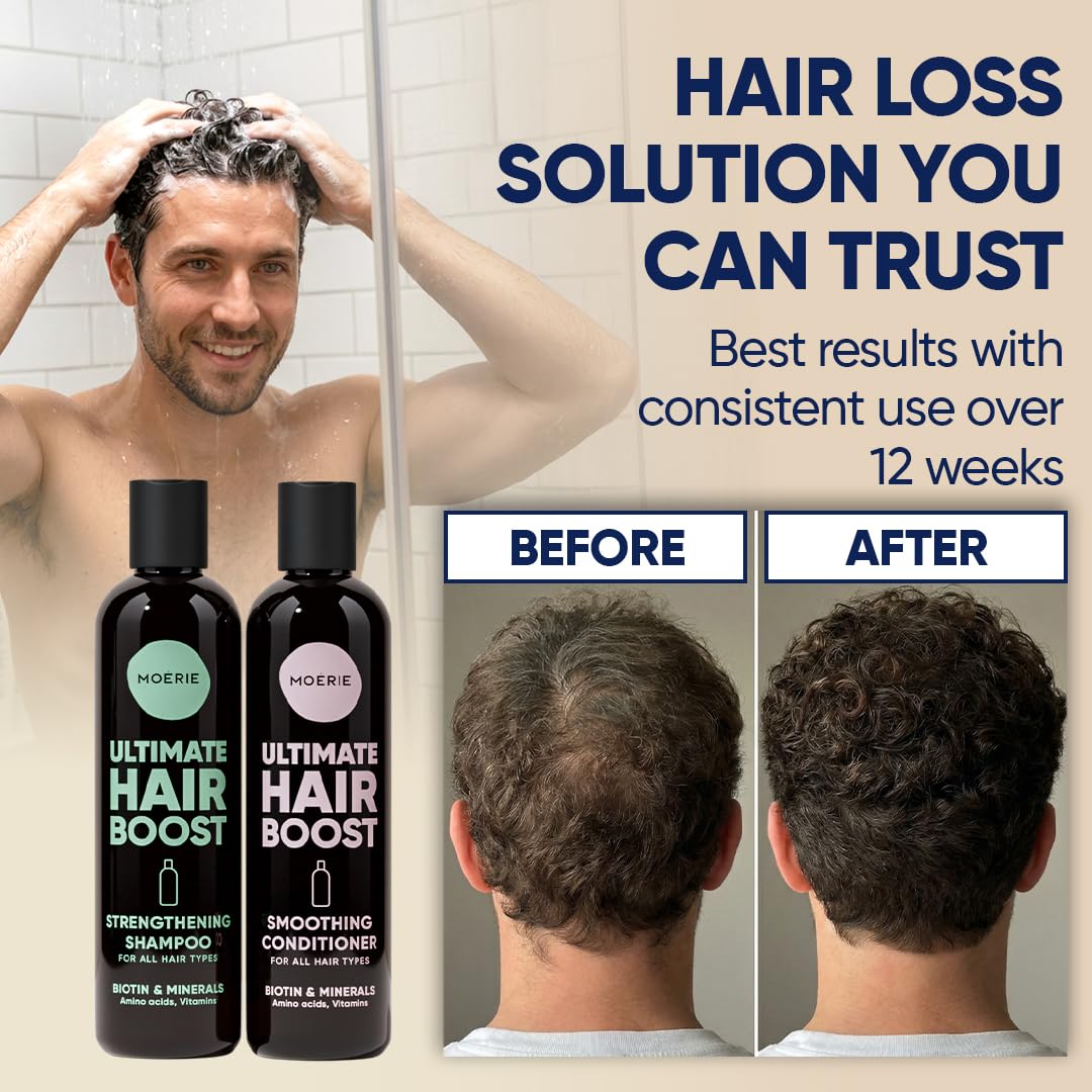 Moerie pouring shampoo into hand showing easy application and concentrated formula benefit