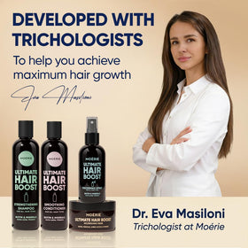 Moerie applying spray to scalp demonstrating easy targeted use and thicker-look benefit