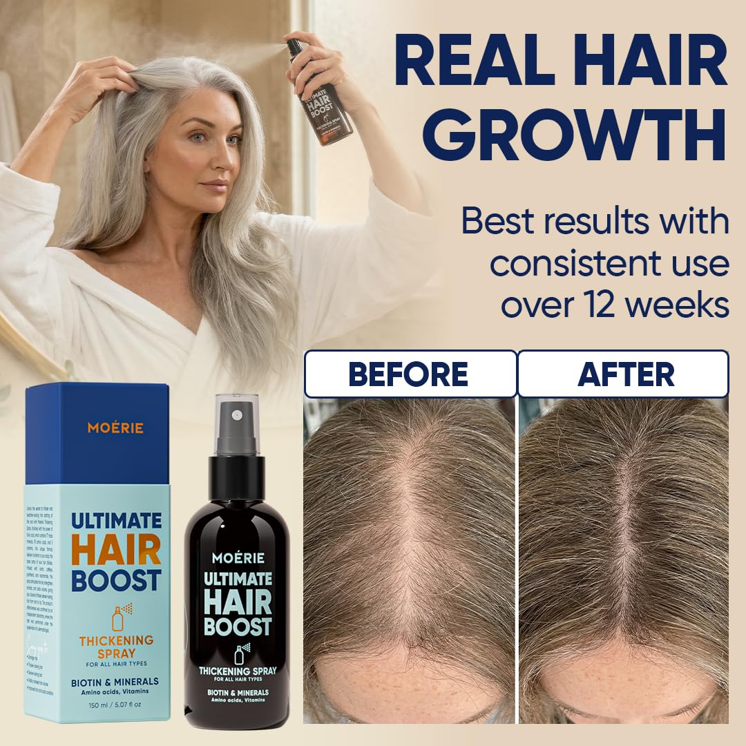 Moerie spray applying to scalp showing easy daily use
