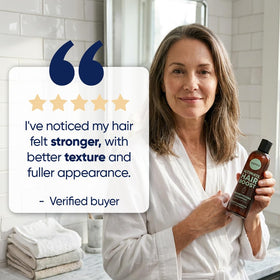 Moerie styled hair on bathroom counter suggesting confidence and manageability