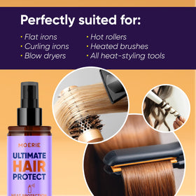Moerie spray on hair strand highlighting texture improvement and added shine