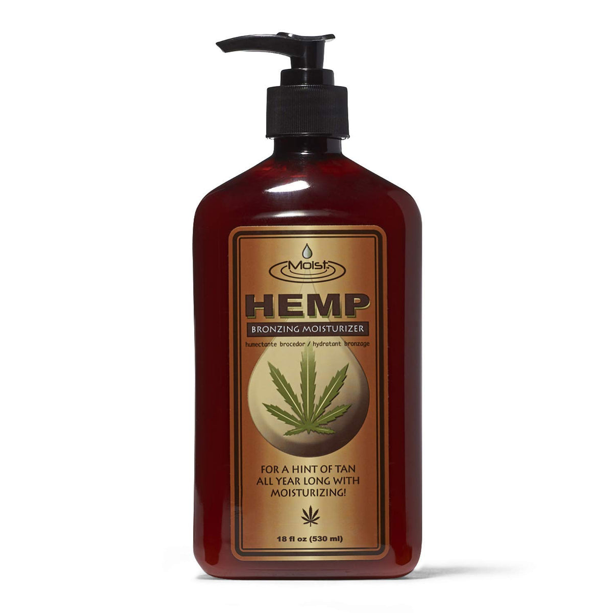 Moist Hemp bronzing moisturizer front view shows bottle and hydrating benefit