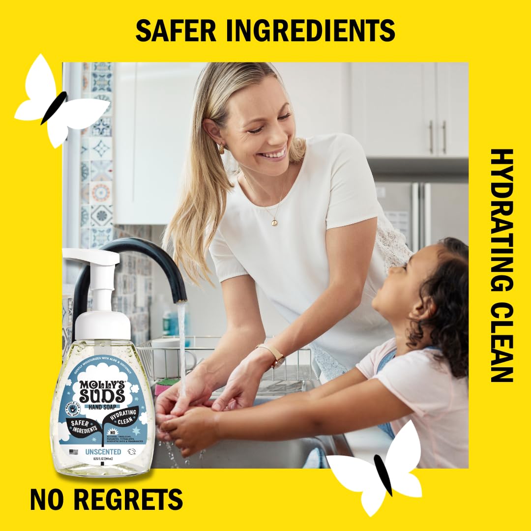 Molly's Suds bottle in use with pump dispensing foam for quick cleansing