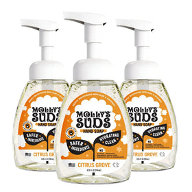 Molly's Suds front packaging showing three bottles and product benefit
