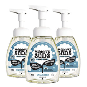 Molly's Suds front packaging showing three unscented soap bottles and clear benefit
