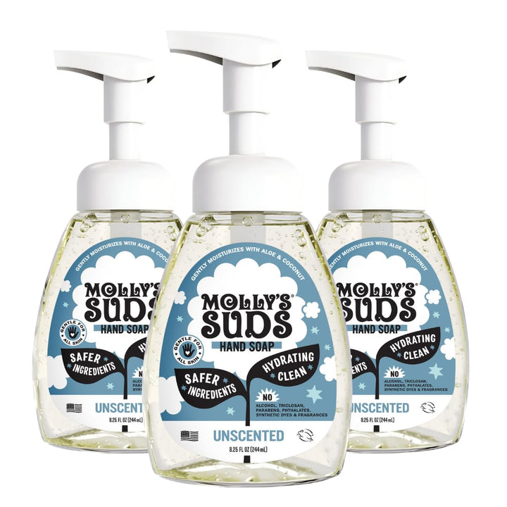 Molly's Suds front packaging showing three unscented soap bottles and clear benefit