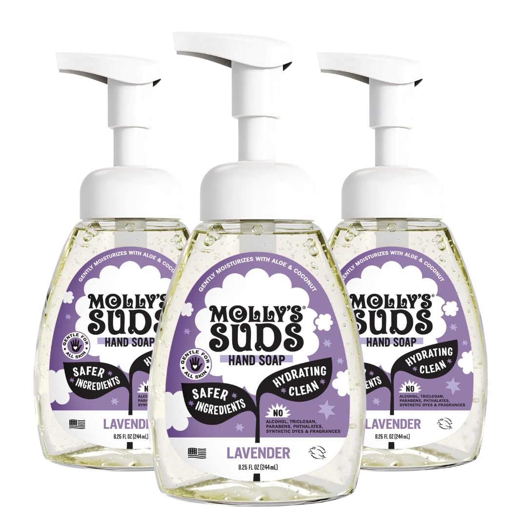 Molly's Suds front packaging showing three bottles and calming lavender scent benefit