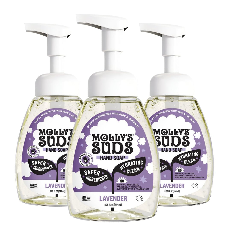 Molly's Suds front packaging showing three bottles and calming lavender scent benefit