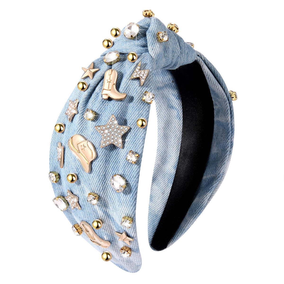 MOLOCH front view of denim headband showing knot and charms for instant country style